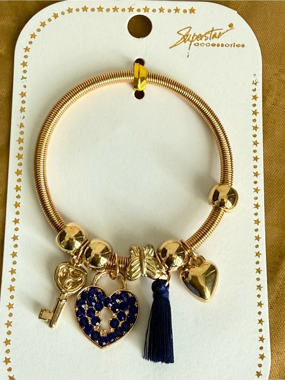 Gold Heart Charm Bracelet with Navy Blue Tassel